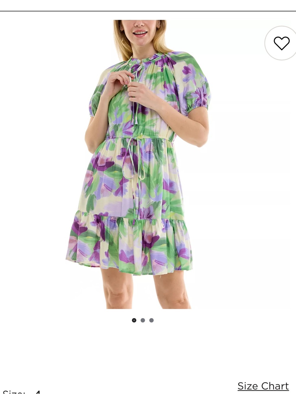 Maison Tara Cream Floral Tie-Neck Puff Sleeve Mini Dress in Green & Purple